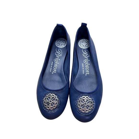 Brighton Aleta Navy Blue Italian Leather Ballet Flats With Ornate Medallion Deta - Picture 2 of 10